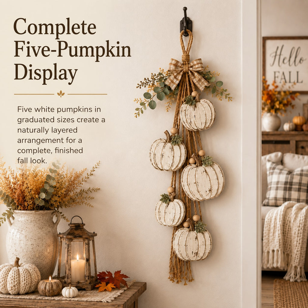 Rustic White Pumpkin Hanging Swag with Plaid Bow for Fall Front Door