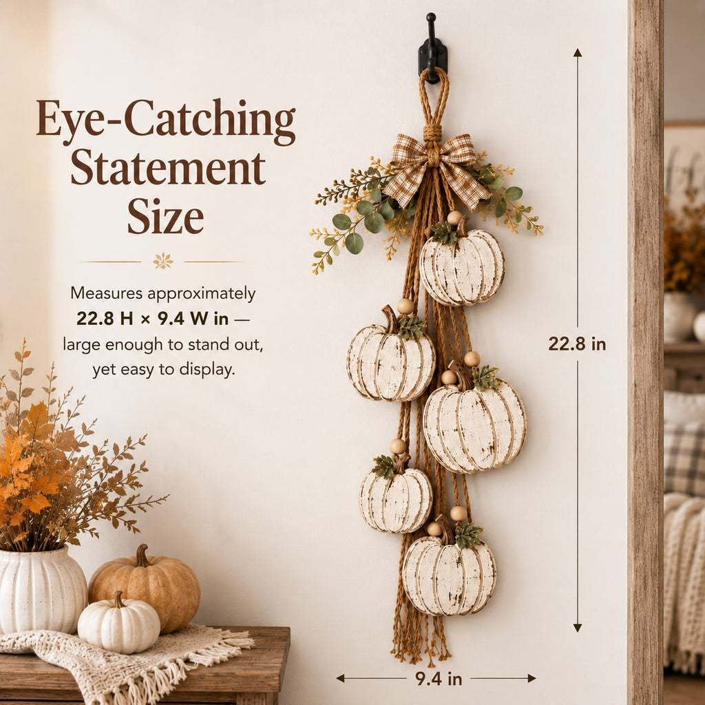 Rustic White Pumpkin Hanging Swag with Plaid Bow for Fall Front Door