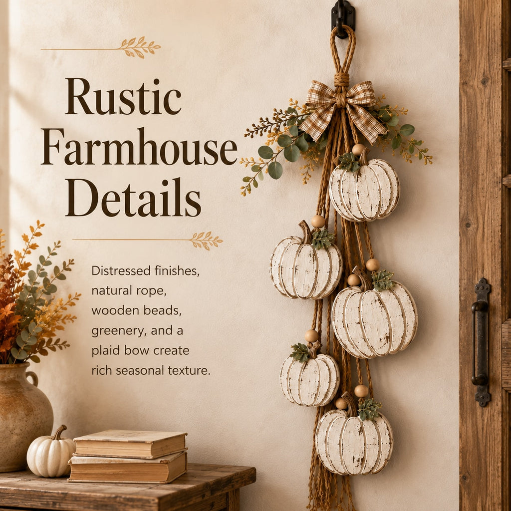 Rustic White Pumpkin Hanging Swag with Plaid Bow for Fall Front Door