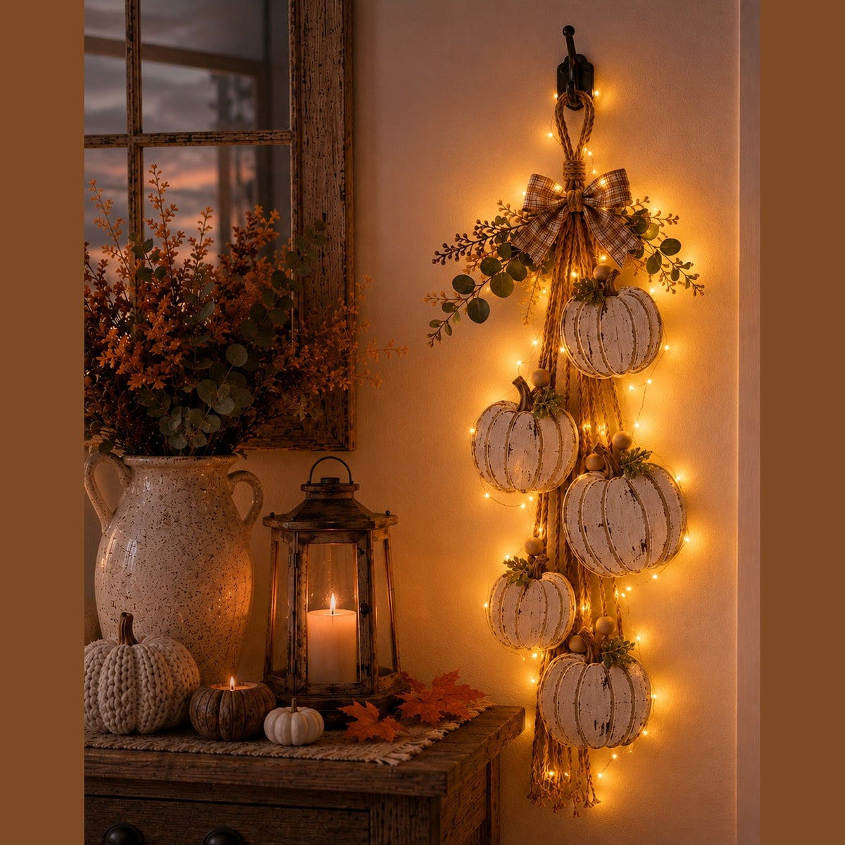 Rustic White Pumpkin Hanging Swag with Plaid Bow for Fall Front Door