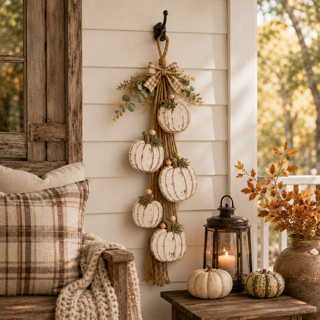 Rustic White Pumpkin Hanging Swag with Plaid Bow for Fall Front Door