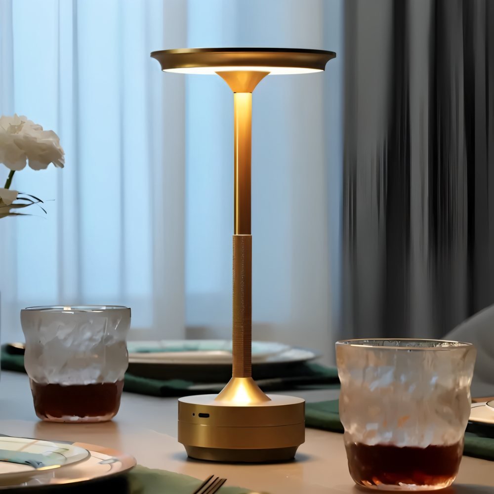 Modern Rechargeable Aluminum LED Light Table Lamp with Disc Shade