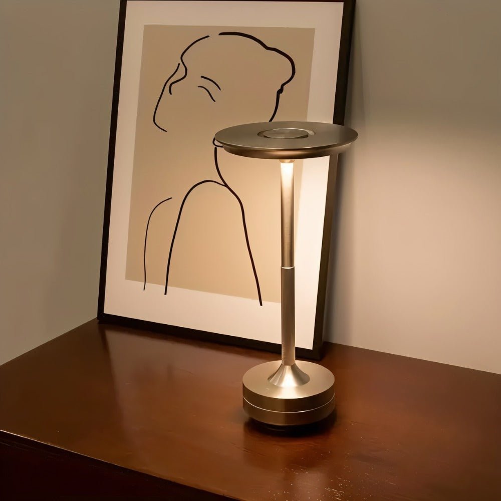 Modern Rechargeable Aluminum LED Light Table Lamp with Disc Shade