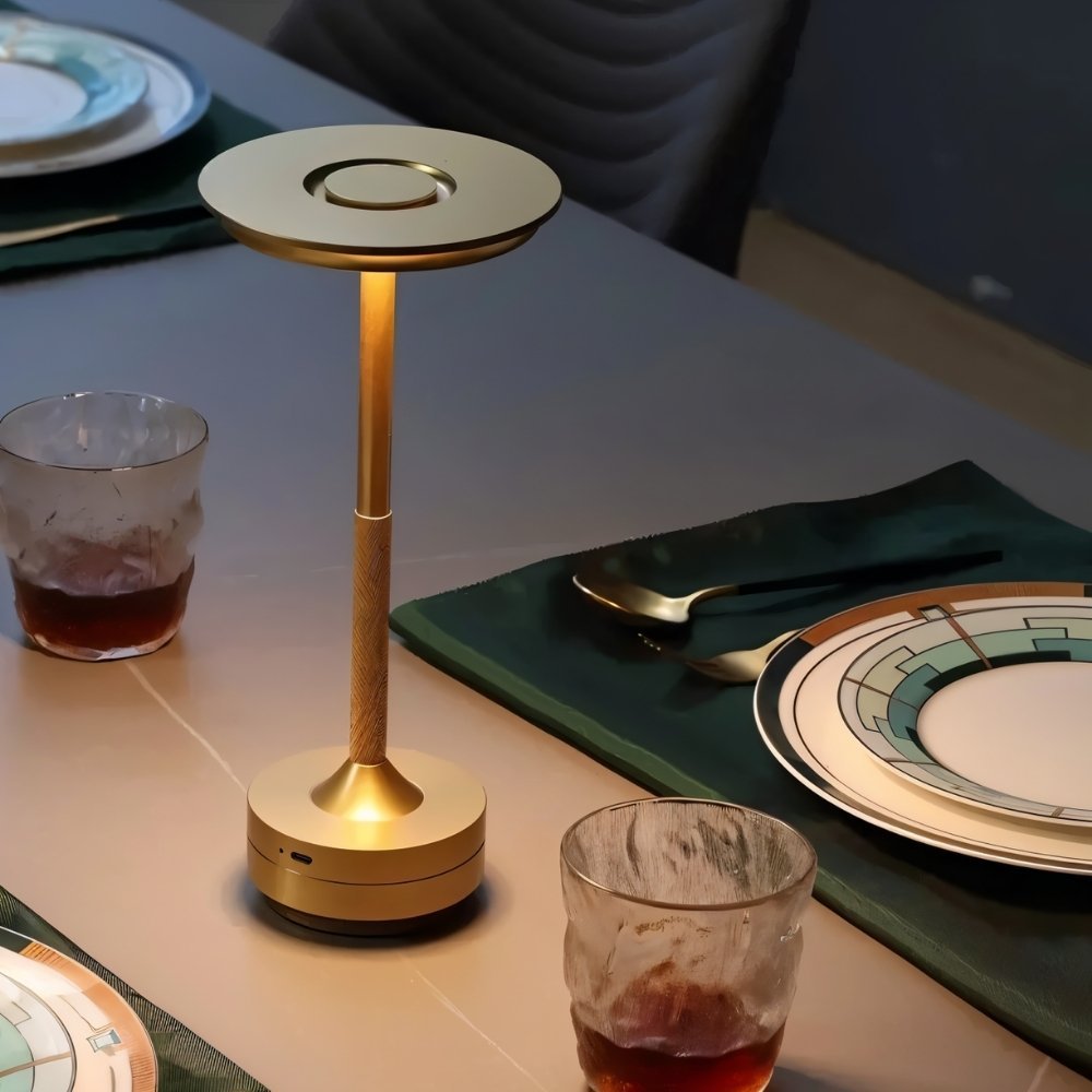 Modern Rechargeable Aluminum LED Light Table Lamp with Disc Shade