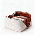 PU Leather Makeup Bag Large Capacity Checkered Cosmetic Travel Organizer with Top Handle and Multiple Compartments