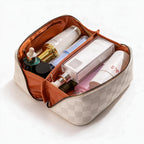 PU Leather Makeup Bag Large Capacity Checkered Cosmetic Travel Organizer with Top Handle and Multiple Compartments