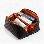 PU Leather Makeup Bag Large Capacity Checkered Cosmetic Travel Organizer with Top Handle and Multiple Compartments