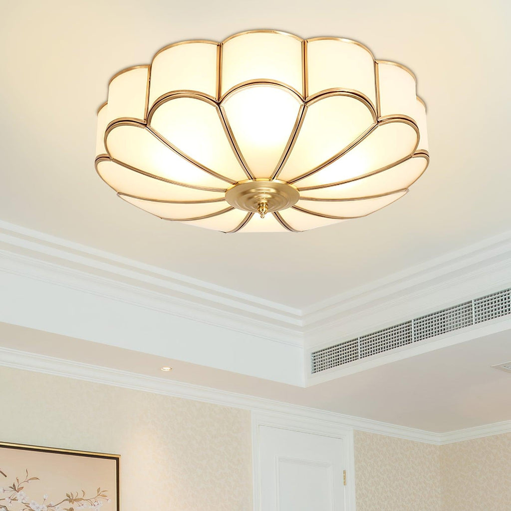 Scalloped Glass Flush Mount Ceiling Light with Brass Petal Frame for Bedroom