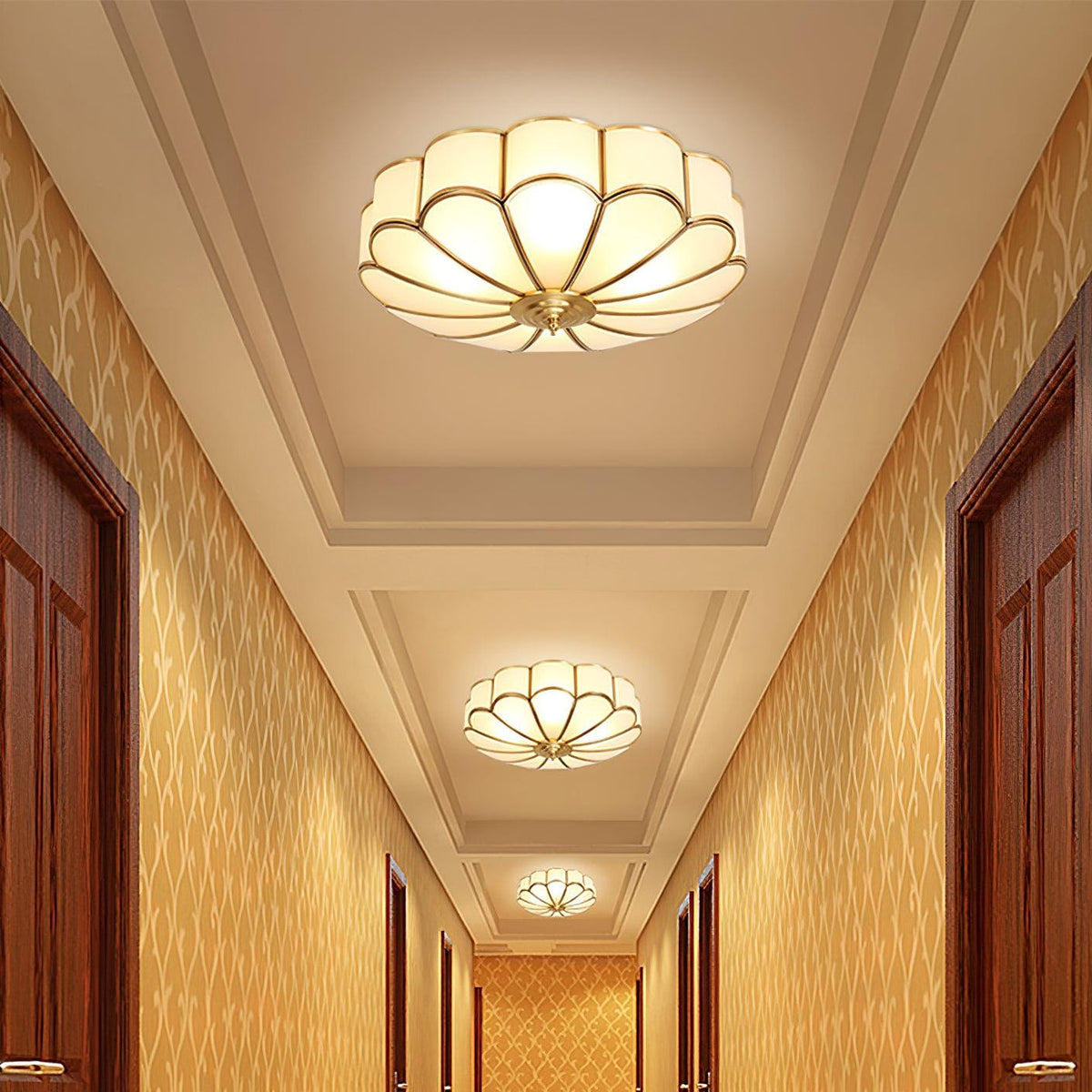 Scalloped Glass Flush Mount Ceiling Light with Brass Petal Frame for Bedroom