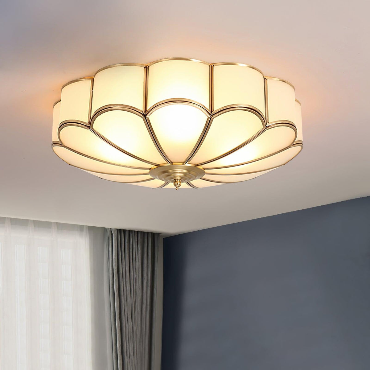 Scalloped Glass Flush Mount Ceiling Light with Brass Petal Frame for Bedroom