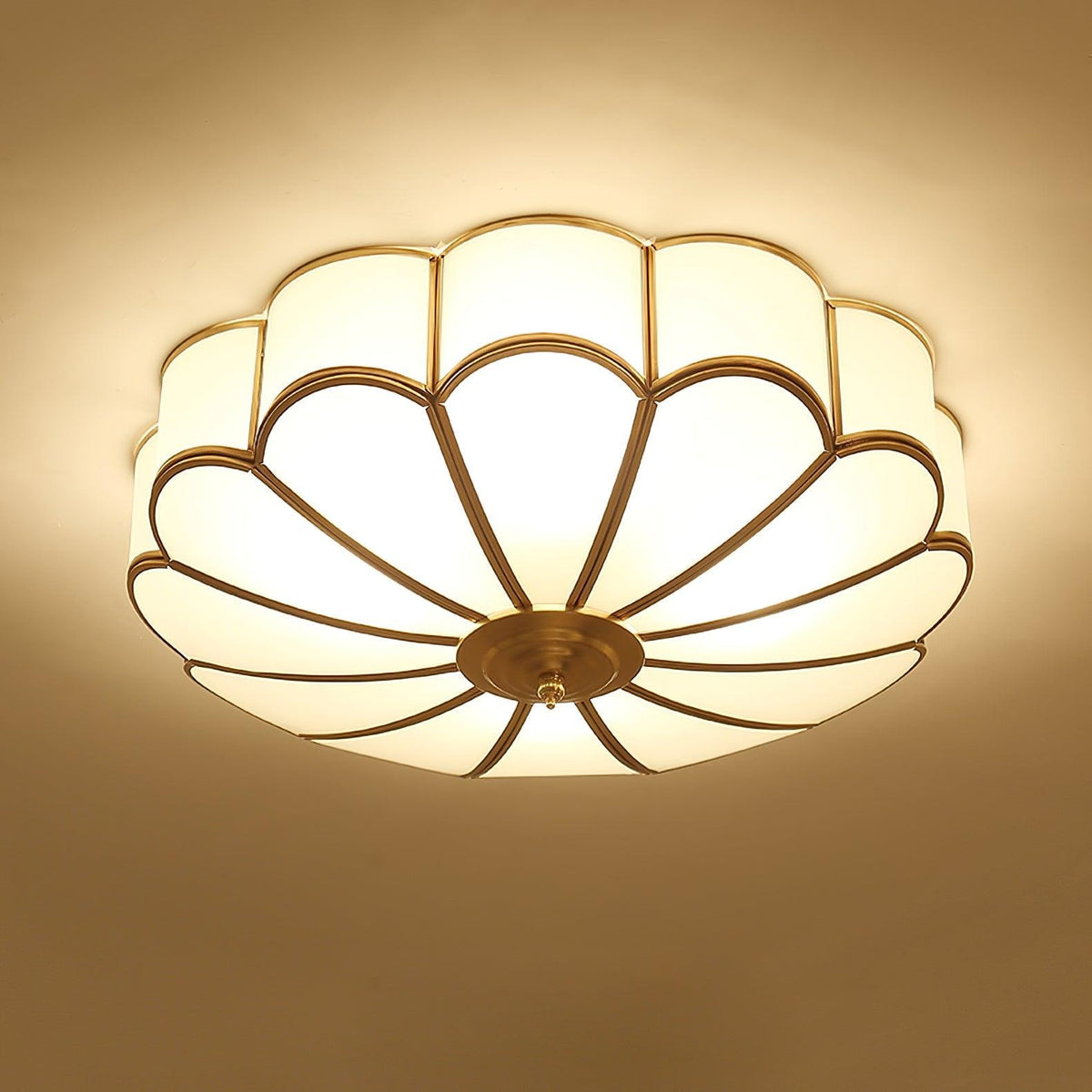 Scalloped Glass Flush Mount Ceiling Light with Brass Petal Frame for Bedroom