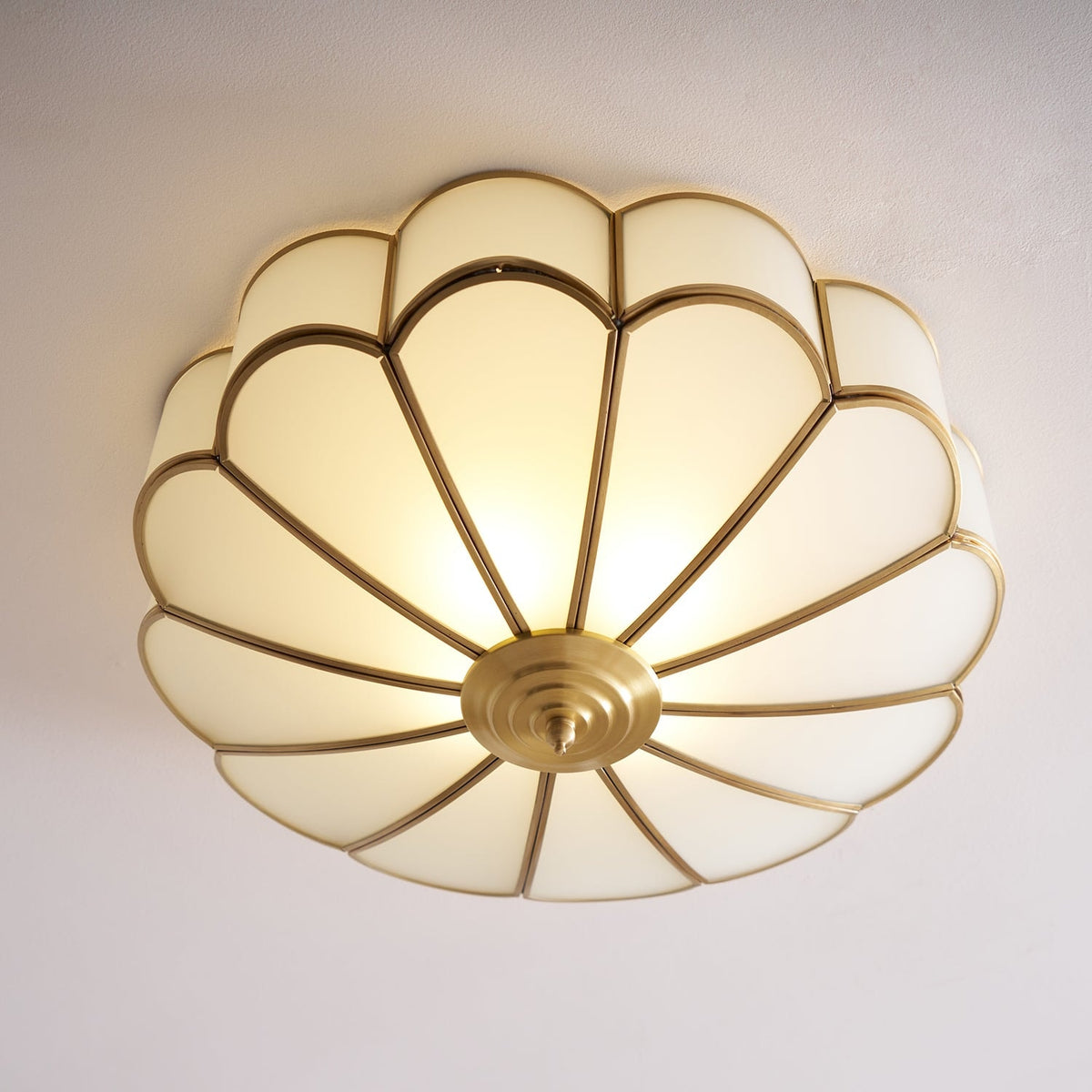 Scalloped Glass Flush Mount Ceiling Light with Brass Petal Frame for Bedroom