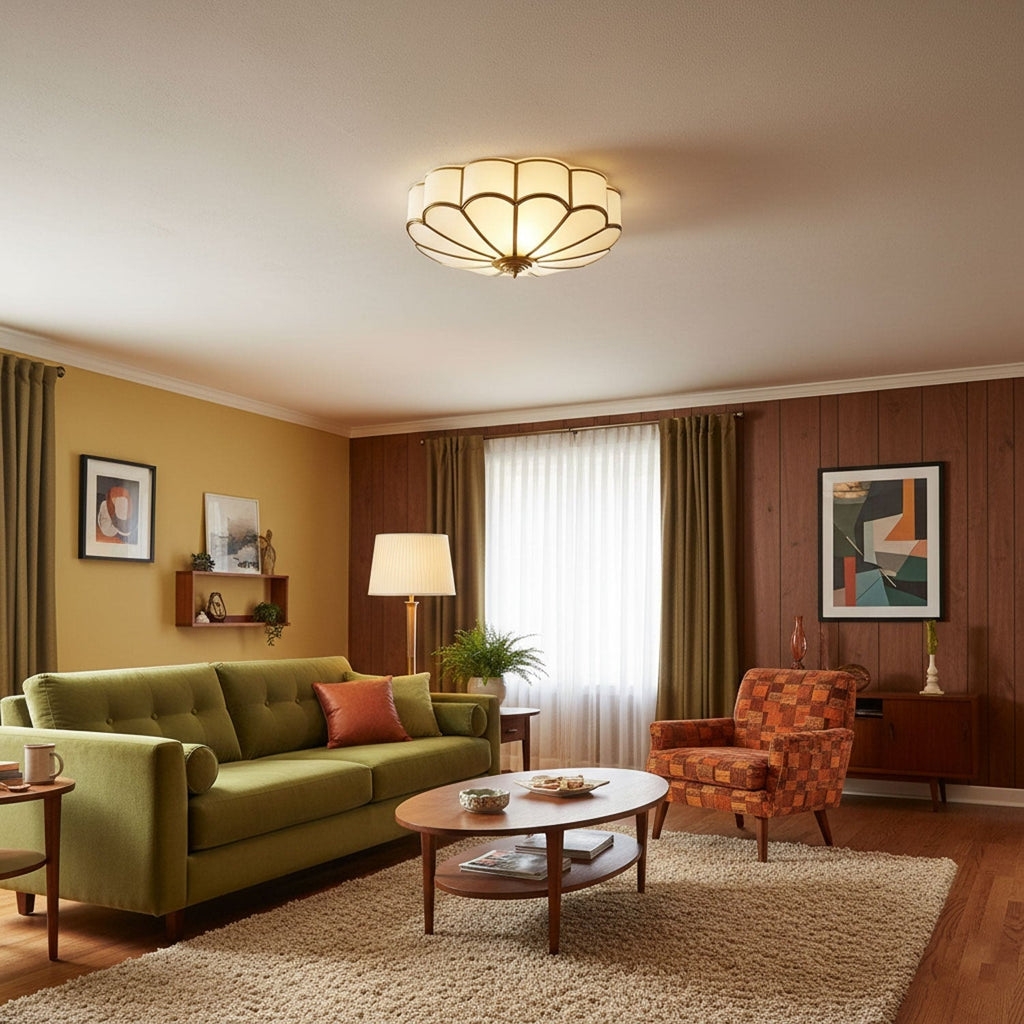 Scalloped Glass Flush Mount Ceiling Light with Brass Petal Frame for Bedroom
