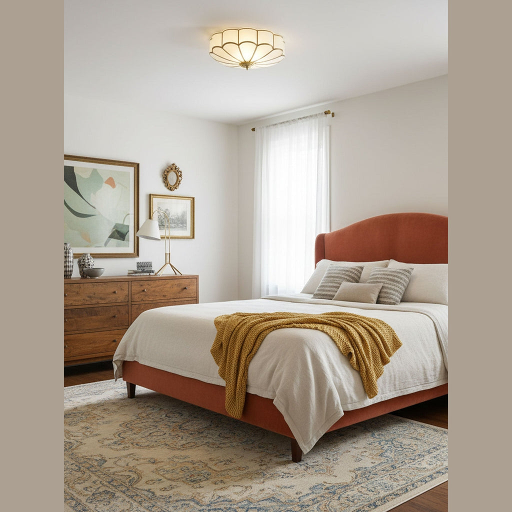 Scalloped Glass Flush Mount Ceiling Light with Brass Petal Frame for Bedroom