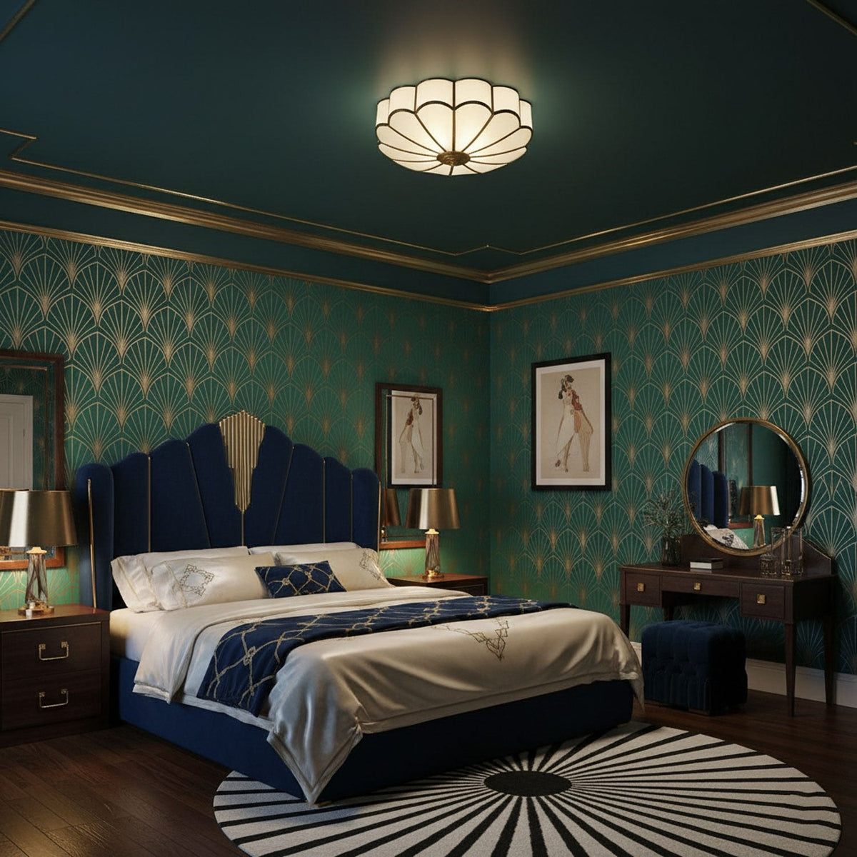 Scalloped Glass Flush Mount Ceiling Light with Brass Petal Frame for Bedroom