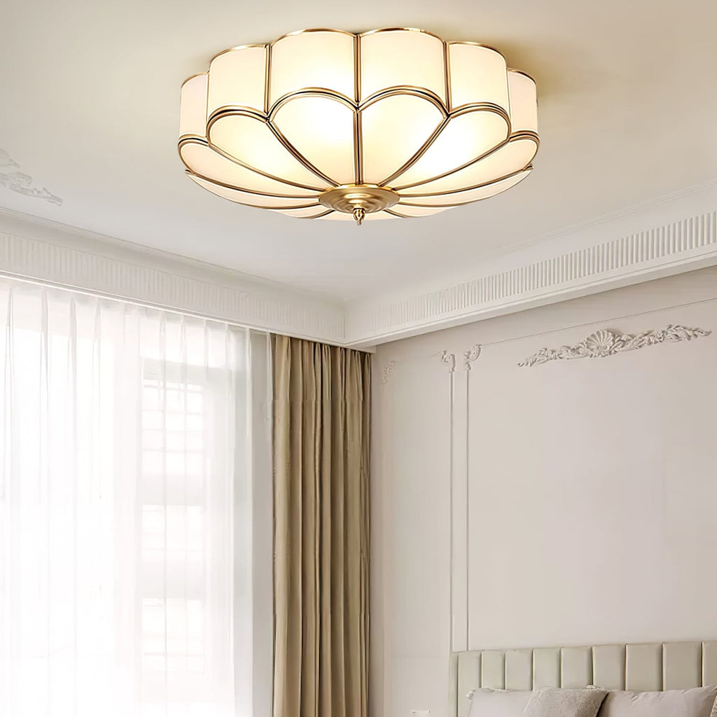 Scalloped Glass Flush Mount Ceiling Light with Brass Petal Frame for Bedroom