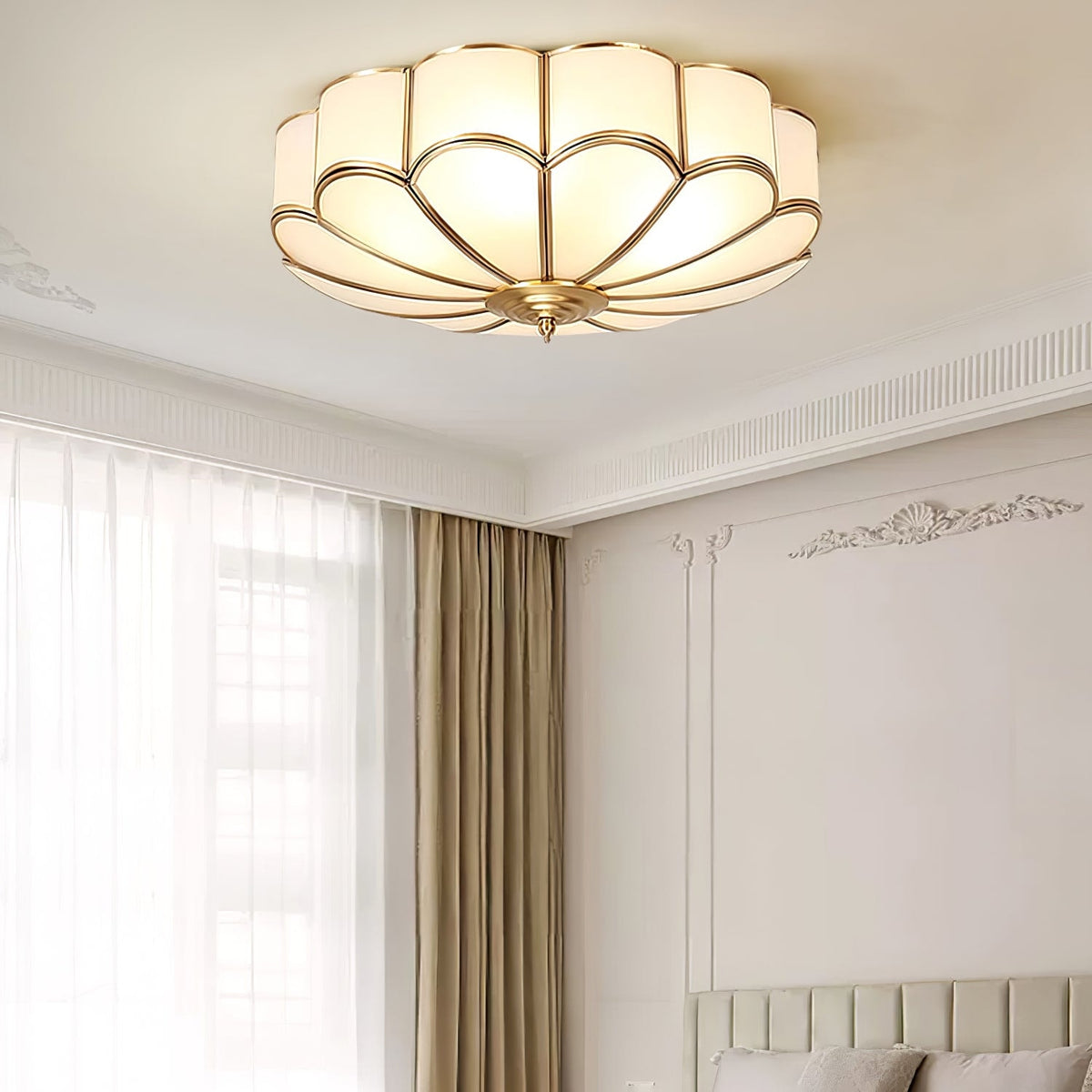 Scalloped Glass Flush Mount Ceiling Light with Brass Petal Frame for Bedroom