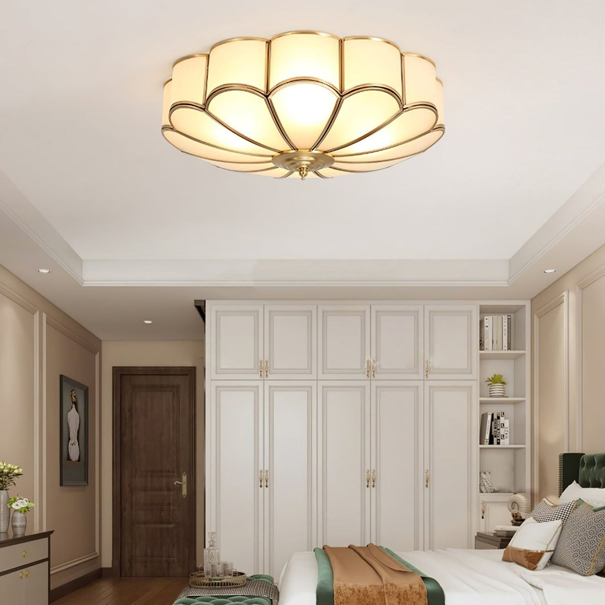 Scalloped Glass Flush Mount Ceiling Light with Brass Petal Frame for Bedroom