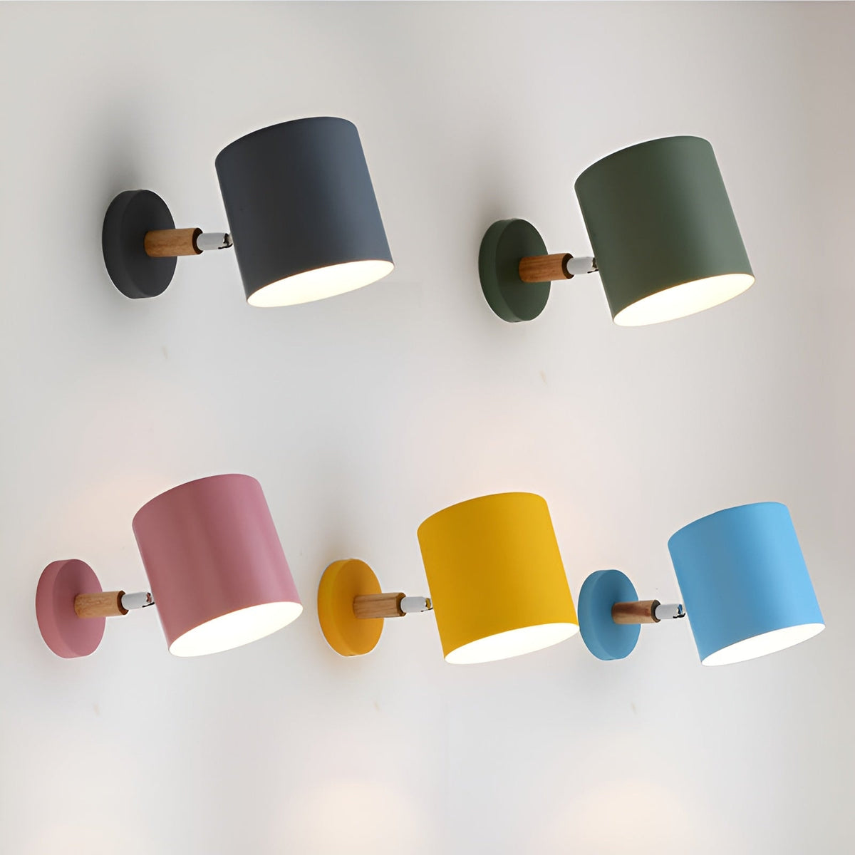 Scandinavian Adjustable Wall Sconce with Wooden Arm and Pastel Metal Shade