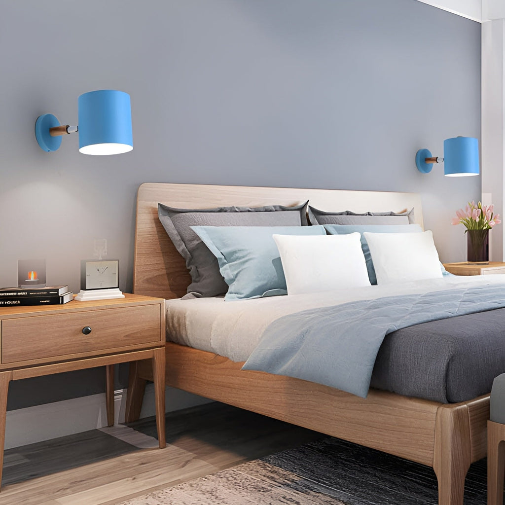 Scandinavian Adjustable Wall Sconce with Wooden Arm and Pastel Metal Shade