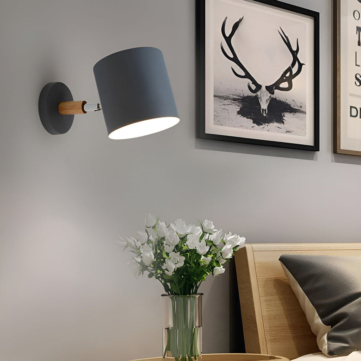 Scandinavian Adjustable Wall Sconce with Wooden Arm and Pastel Metal Shade
