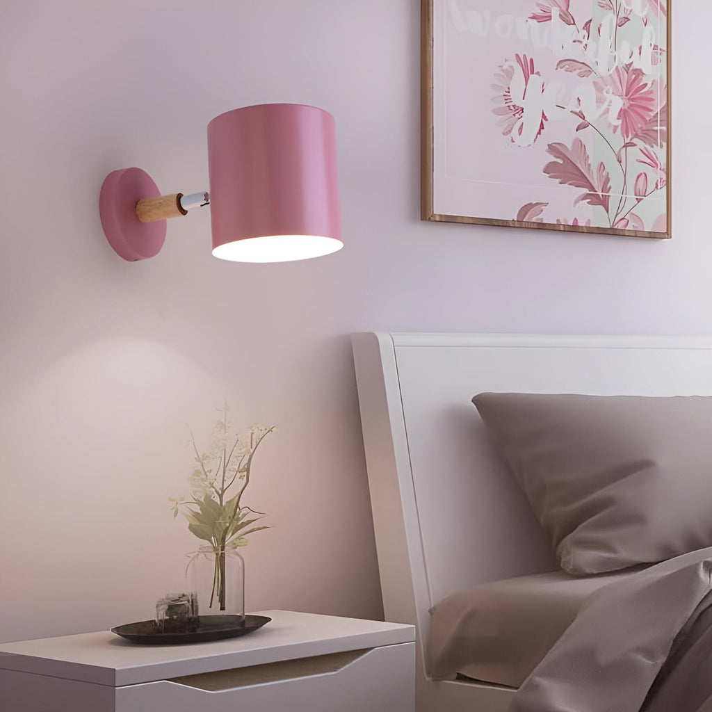 Scandinavian Adjustable Wall Sconce with Wooden Arm and Pastel Metal Shade