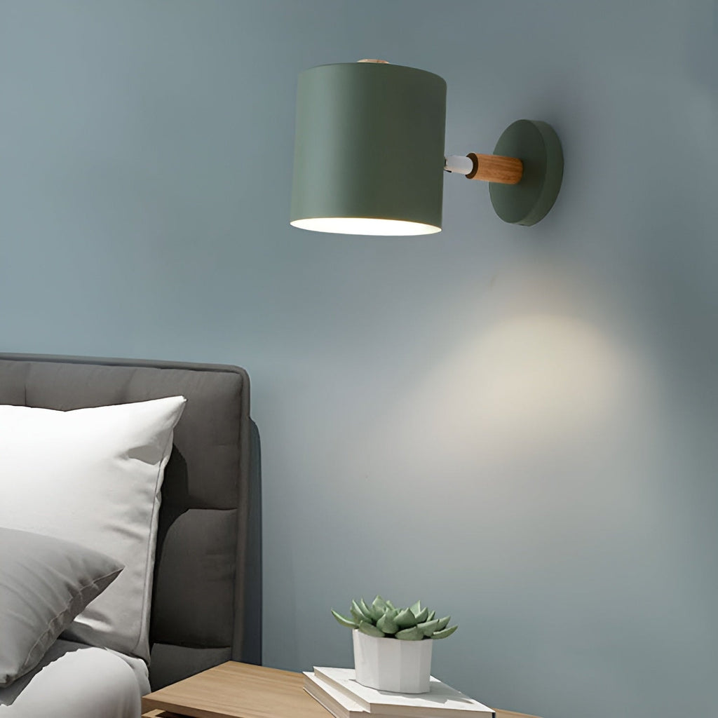 Scandinavian Adjustable Wall Sconce with Wooden Arm and Pastel Metal Shade