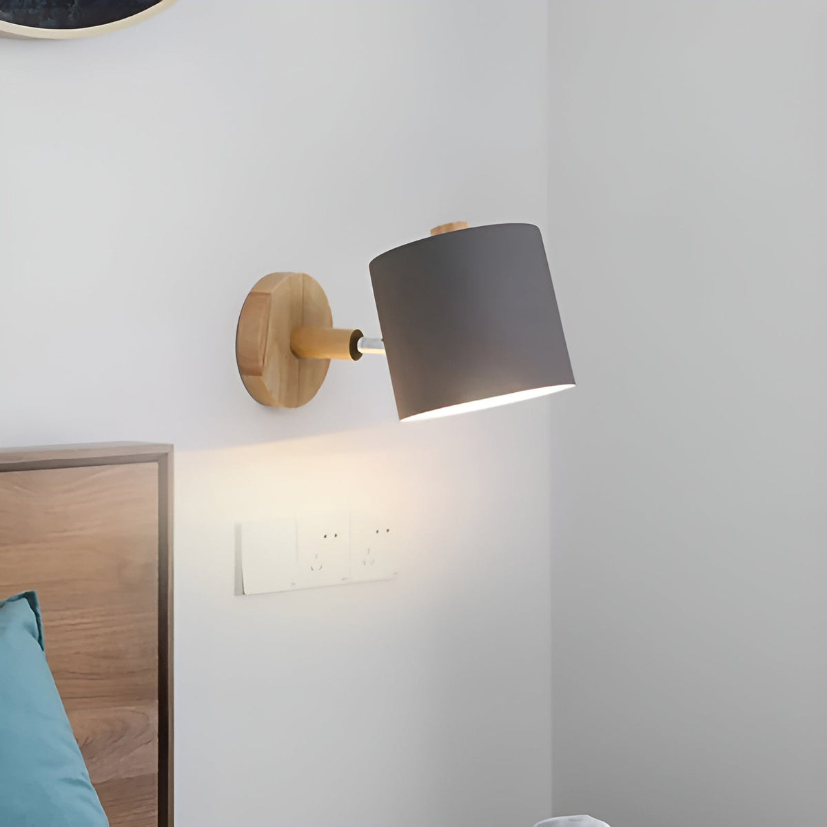 Scandinavian Adjustable Wall Sconce with Wooden Arm and Pastel Metal Shade