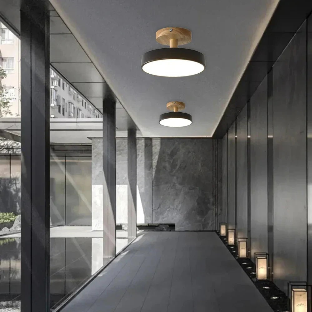 Scandinavian Wood Base LED Ceiling Light with Pastel Metal Shade for Hallway
