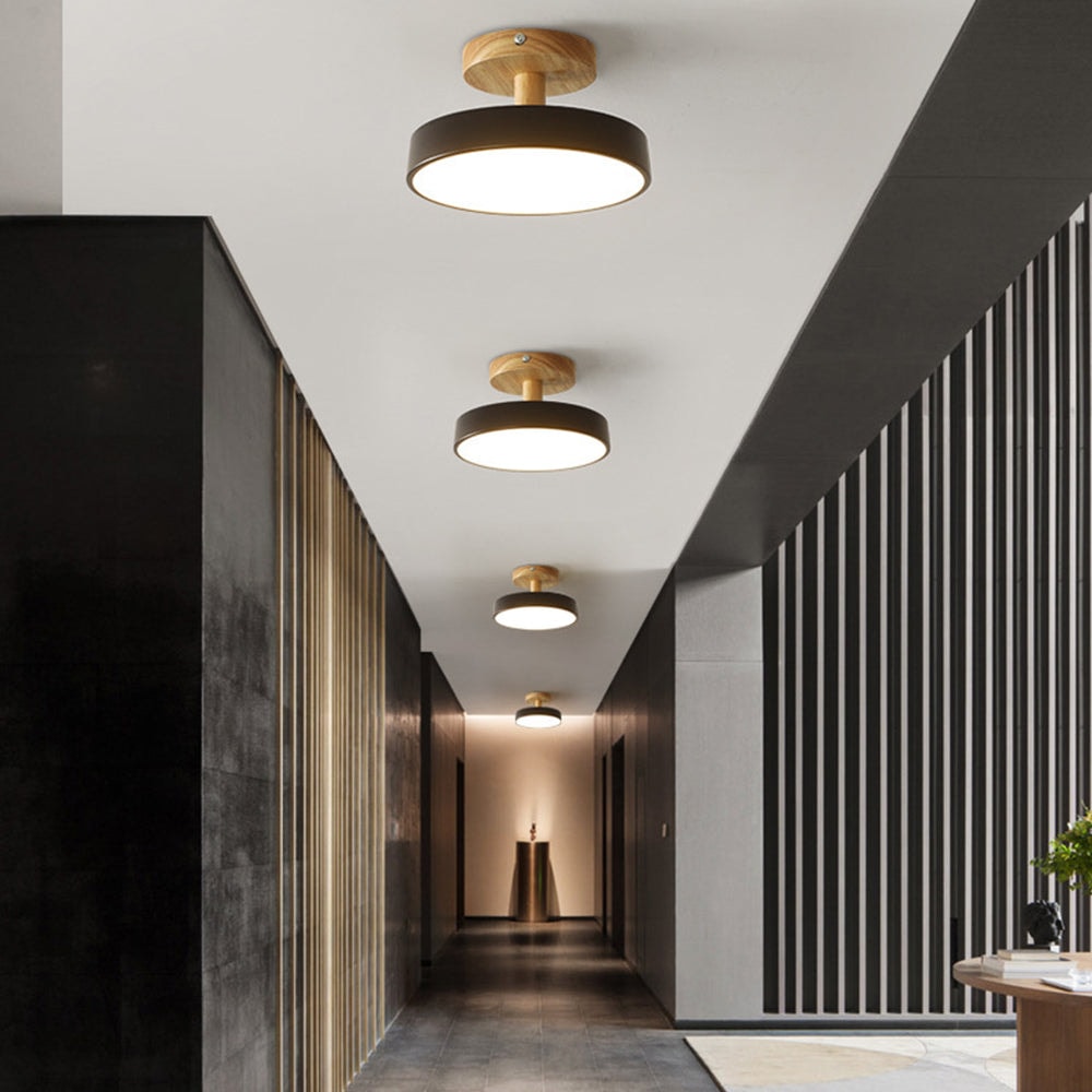 Scandinavian Wood Base LED Ceiling Light with Pastel Metal Shade for Hallway