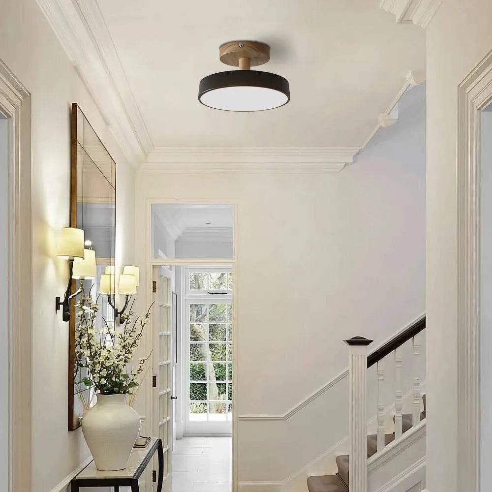 Scandinavian Wood Base LED Ceiling Light with Pastel Metal Shade for Hallway