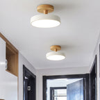 Scandinavian Wood Base LED Ceiling Light with Pastel Metal Shade for Hallway