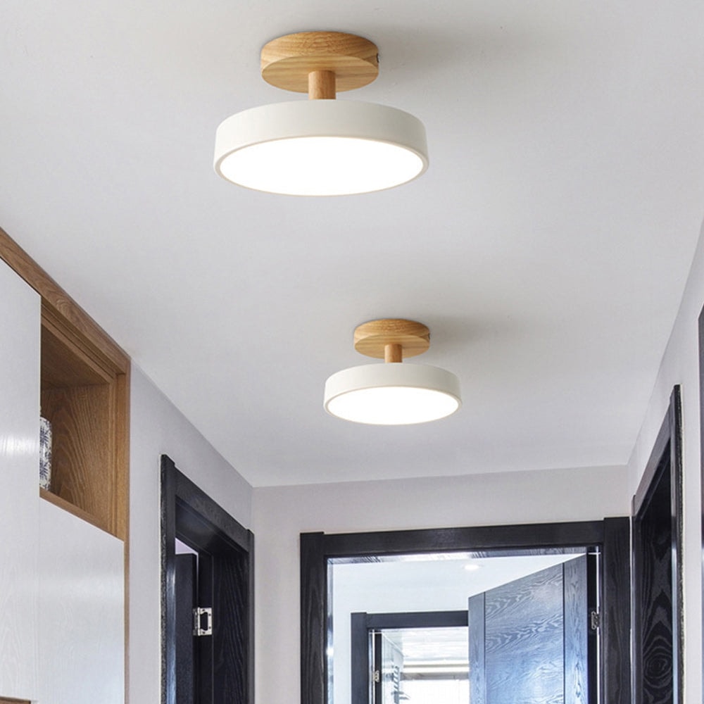 Scandinavian Wood Base LED Ceiling Light with Pastel Metal Shade for Hallway