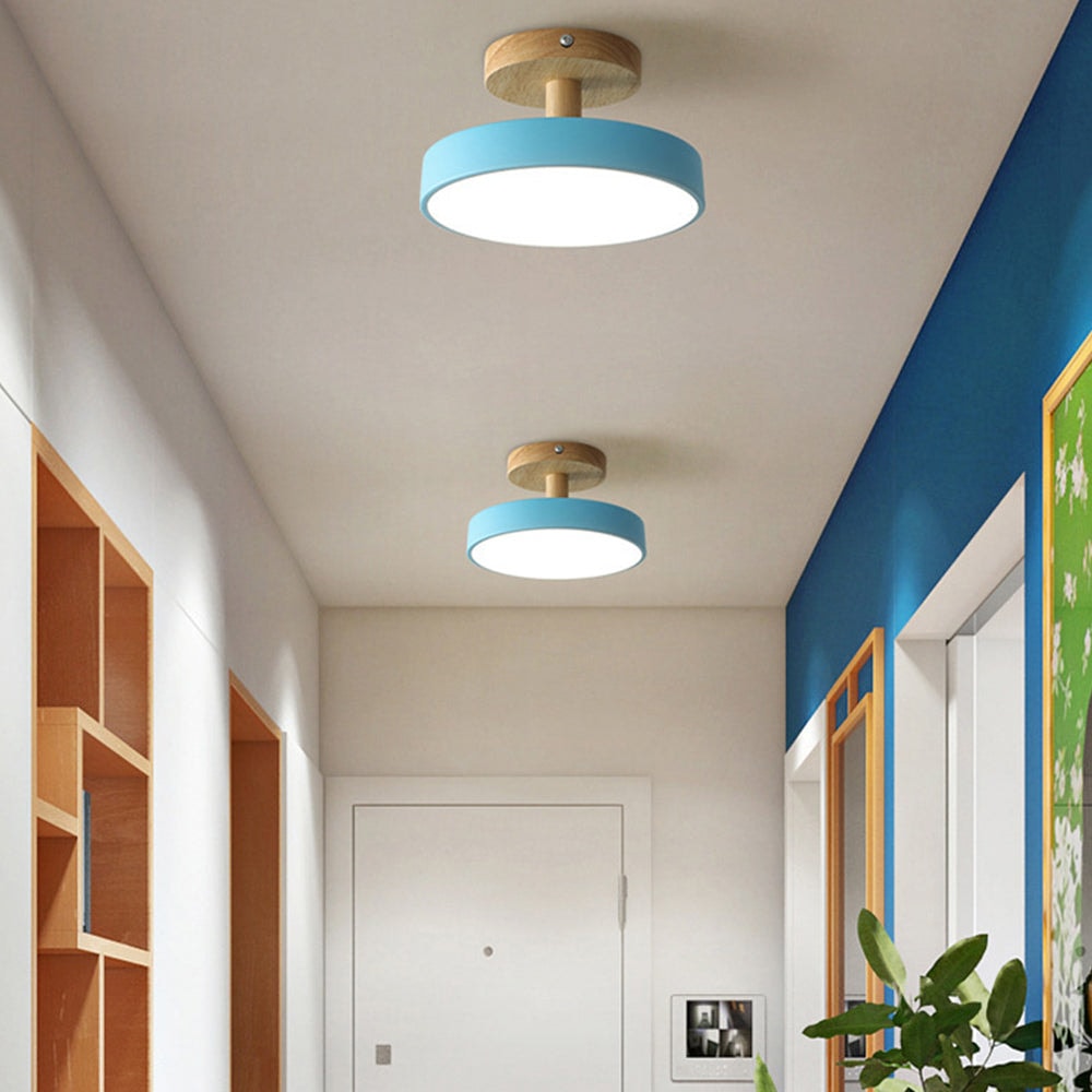 Scandinavian Wood Base LED Ceiling Light with Pastel Metal Shade for Hallway
