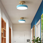Scandinavian Wood Base LED Ceiling Light with Pastel Metal Shade for Hallway