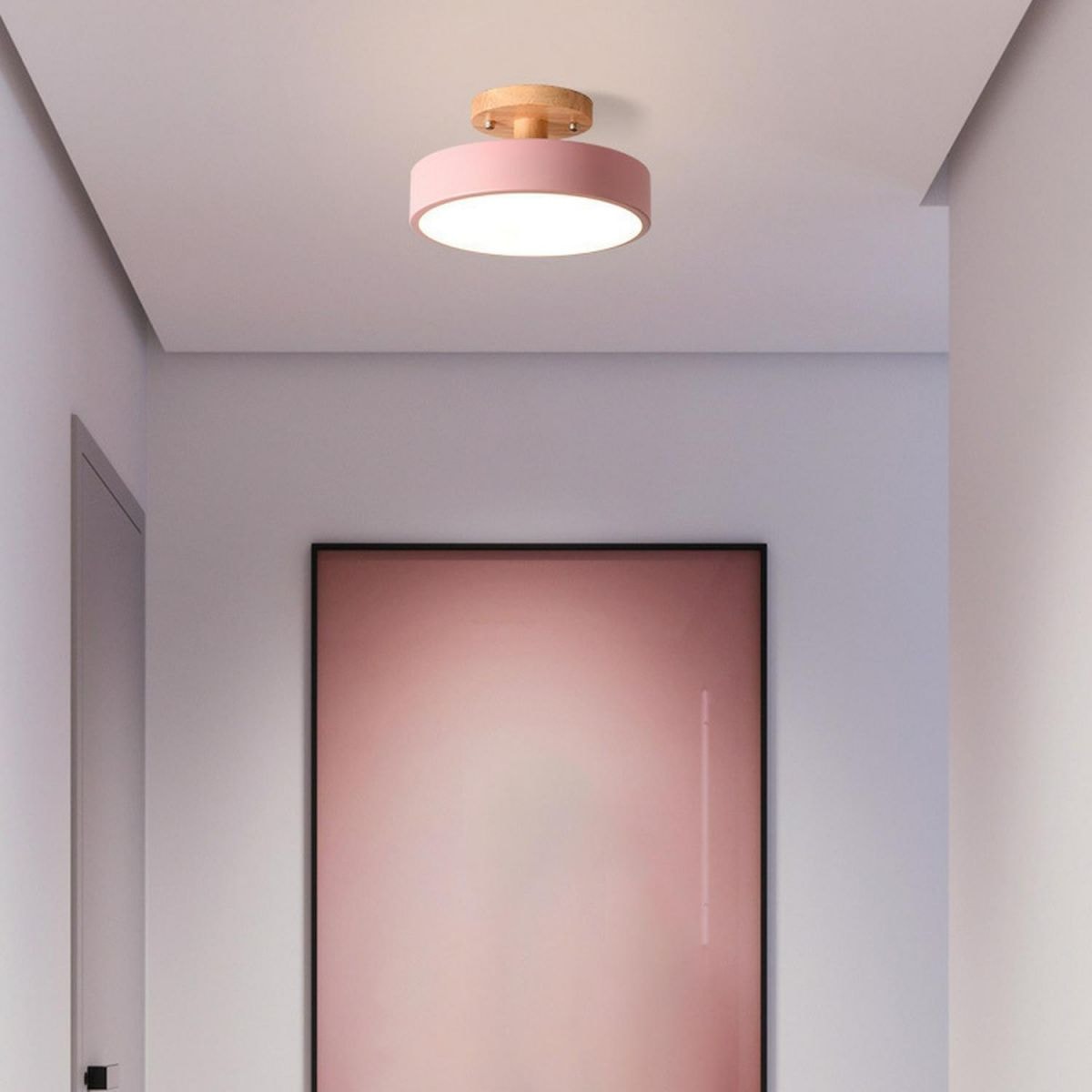 Scandinavian Wood Base LED Ceiling Light with Pastel Metal Shade for Hallway