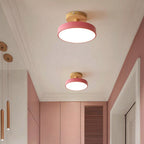Scandinavian Wood Base LED Ceiling Light with Pastel Metal Shade for Hallway