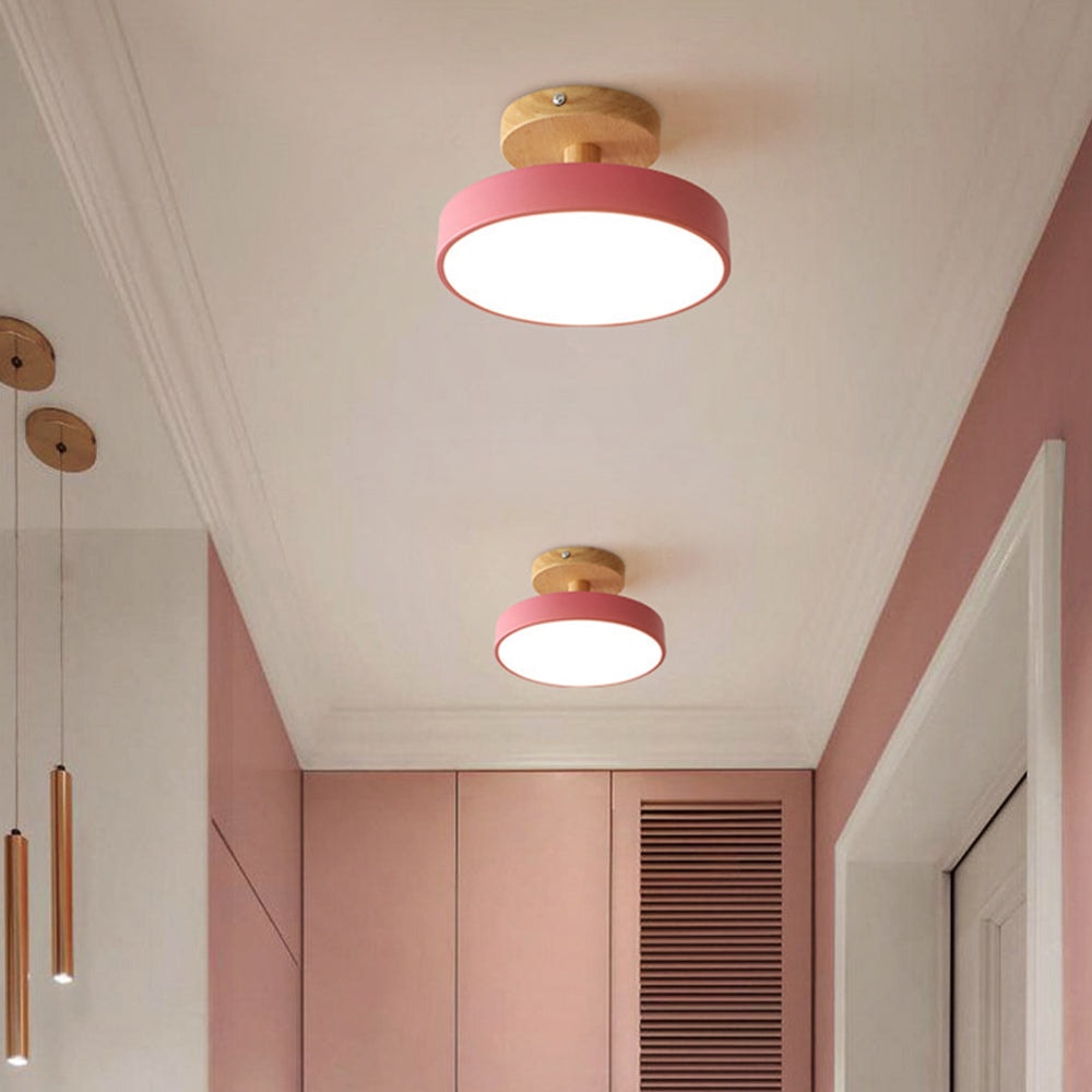 Scandinavian Wood Base LED Ceiling Light with Pastel Metal Shade for Hallway