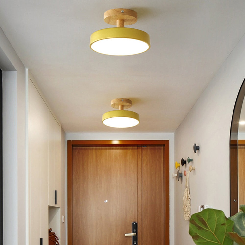 Scandinavian Wood Base LED Ceiling Light with Pastel Metal Shade for Hallway