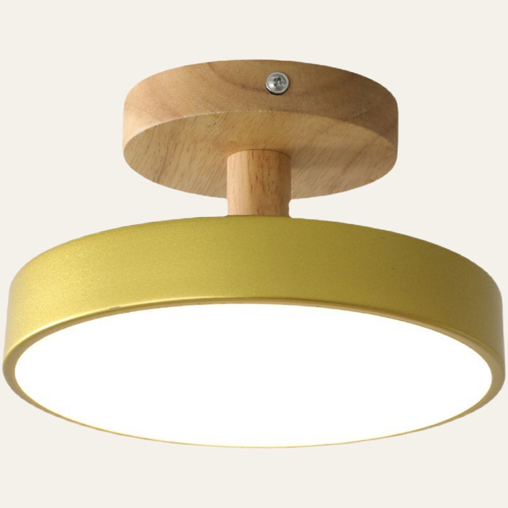 Scandinavian Wood Base LED Ceiling Light with Pastel Metal Shade for Hallway