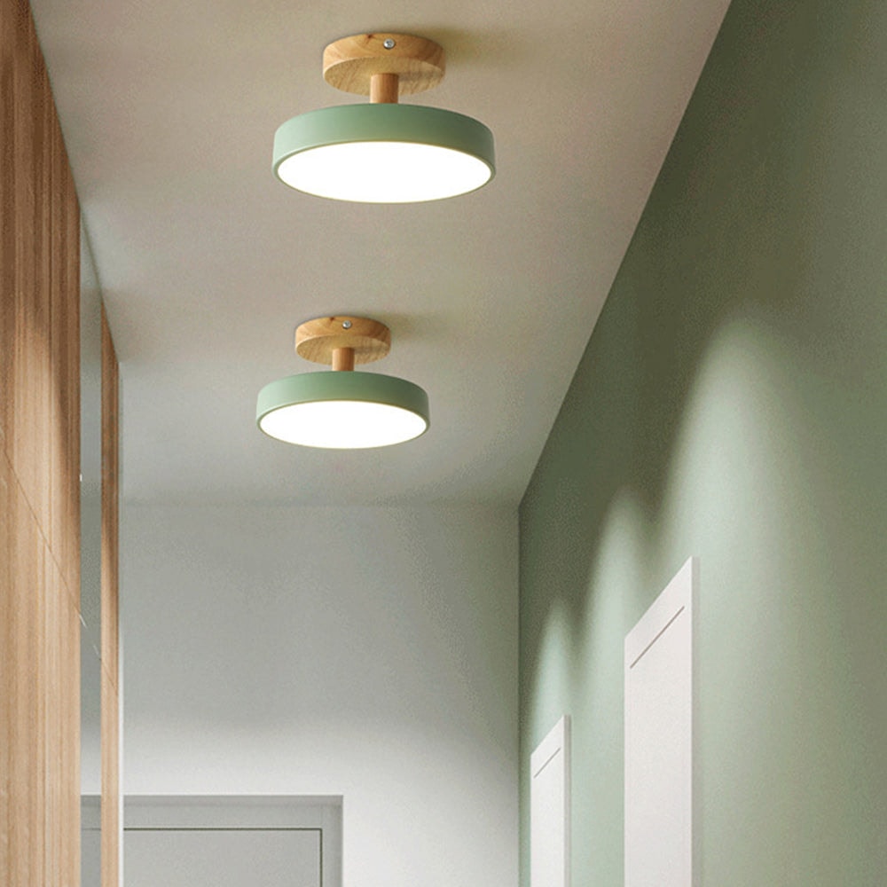 Scandinavian Wood Base LED Ceiling Light with Pastel Metal Shade for Hallway