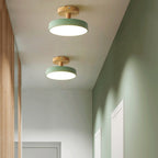 Scandinavian Wood Base LED Ceiling Light with Pastel Metal Shade for Hallway