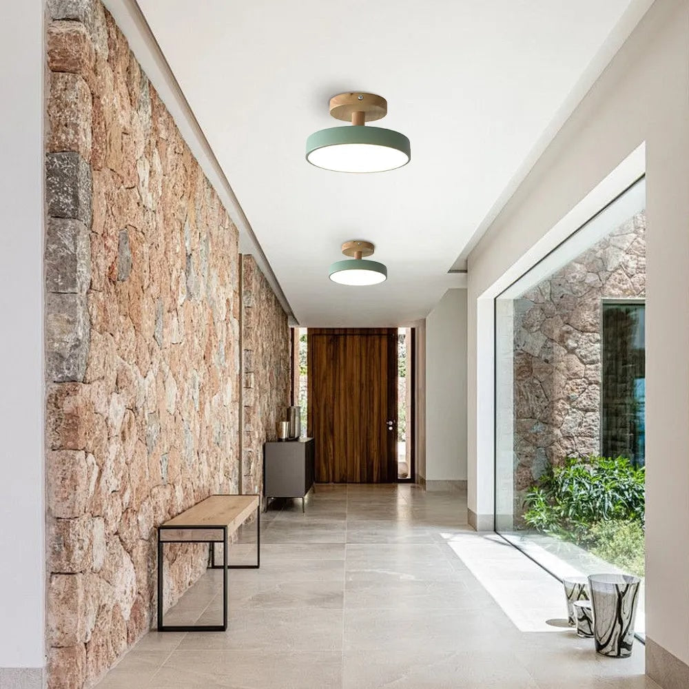 Scandinavian Wood Base LED Ceiling Light with Pastel Metal Shade for Hallway