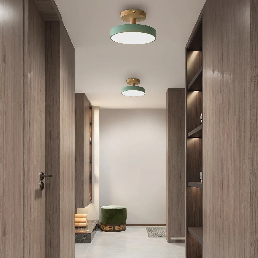 Scandinavian Wood Base LED Ceiling Light with Pastel Metal Shade for Hallway