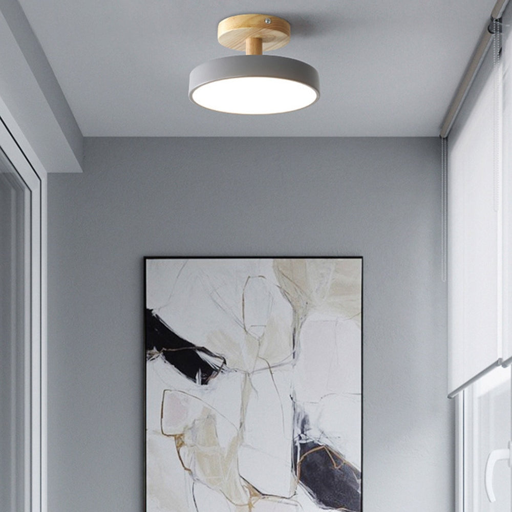 Scandinavian Wood Base LED Ceiling Light with Pastel Metal Shade for Hallway