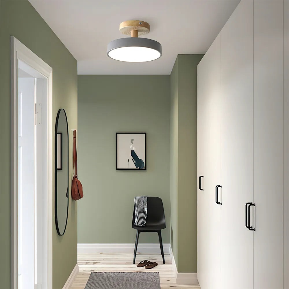 Scandinavian Wood Base LED Ceiling Light with Pastel Metal Shade for Hallway