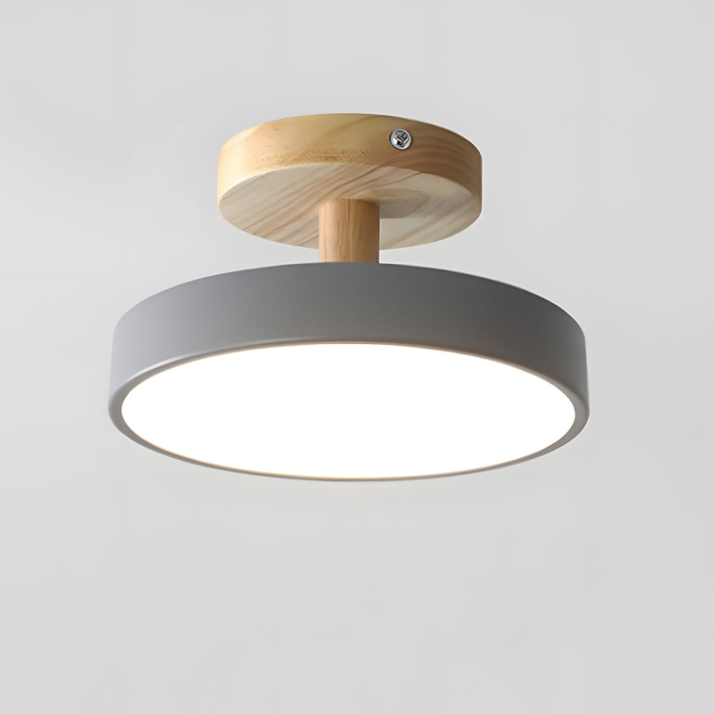 Scandinavian Wood Base LED Ceiling Light with Pastel Metal Shade for Hallway