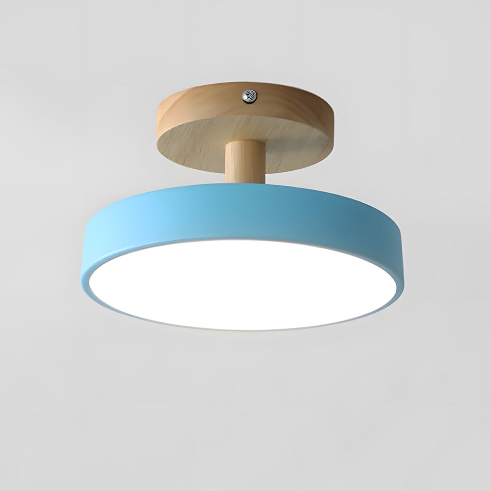 Scandinavian Wood Base LED Ceiling Light with Pastel Metal Shade for Hallway