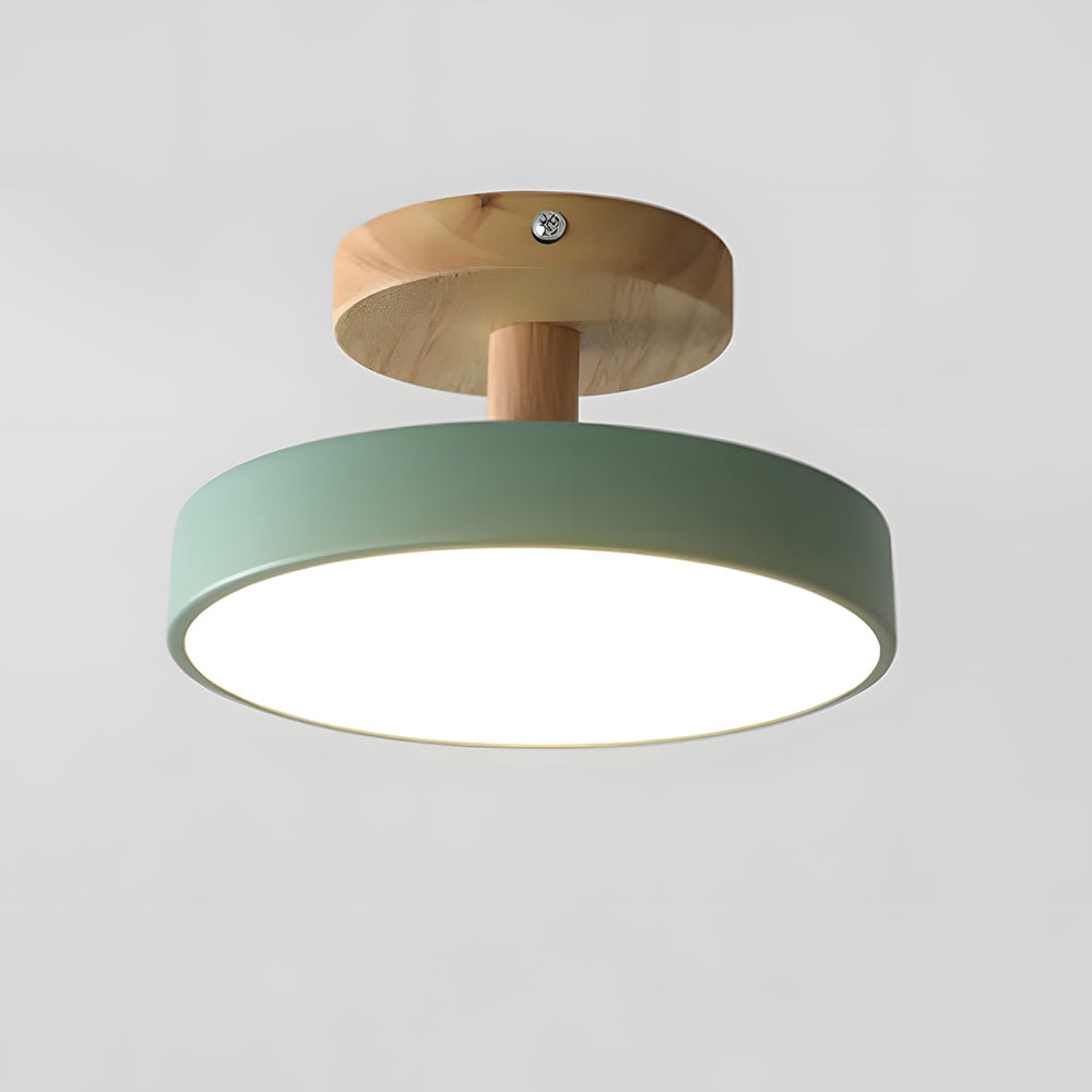Scandinavian Wood Base LED Ceiling Light with Pastel Metal Shade for Hallway