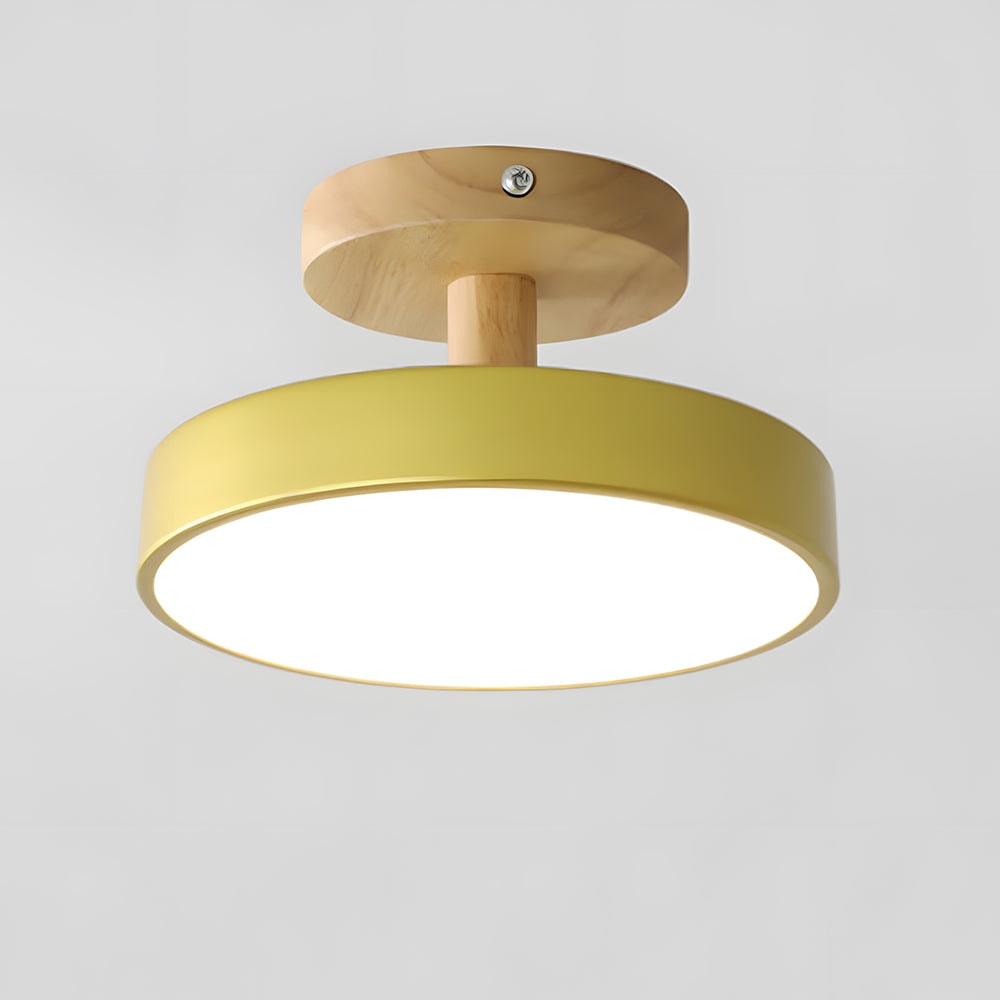 Scandinavian Wood Base LED Ceiling Light with Pastel Metal Shade for Hallway